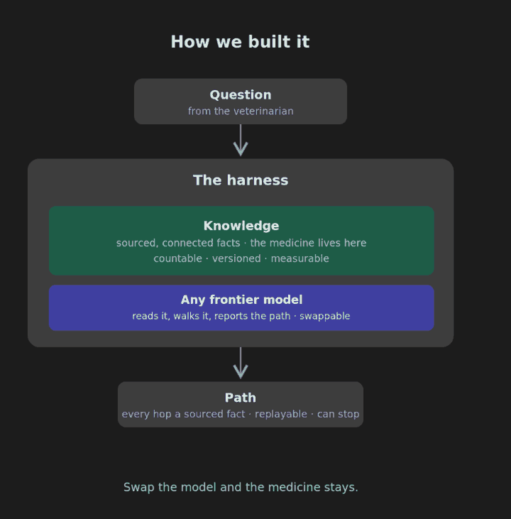 How OpenVet built it: a question goes to a harness where the knowledge is sourced, connected, countable and versioned facts, any frontier model reads and walks it, and the output is a replayable path. Swap the model and the medicine stays.