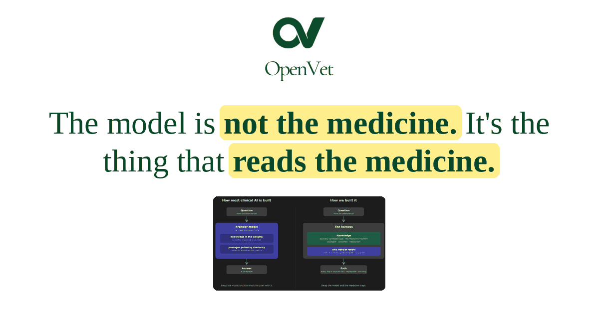 OpenVet card: The model is not the medicine. It is the thing that reads the medicine. Below, a diagram comparing how most clinical AI is built with how OpenVet built it.